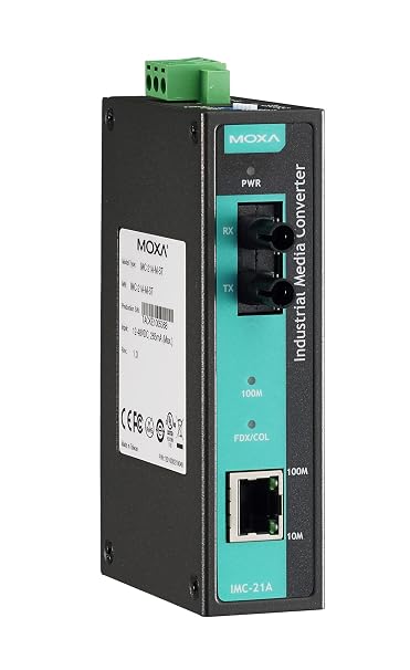 MOXA IMC-21A-M-ST Industrial 10/100BaseT(X) to 100BaseFX Media Converter, Multi Mode, ST Connector,10 to 60 C