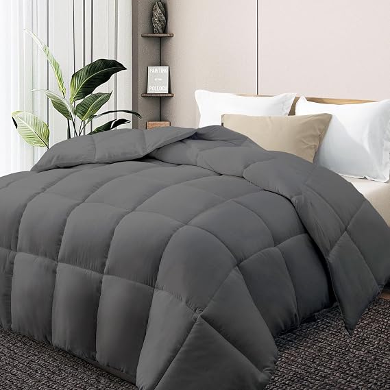 King Size Down Alternative Comforter All-Season Soft Microfiber Duvet Insert with Box Design Stitch, Corner Tabs Lightweight, Fluffy, Breathable, Machine Washable Dark Grey