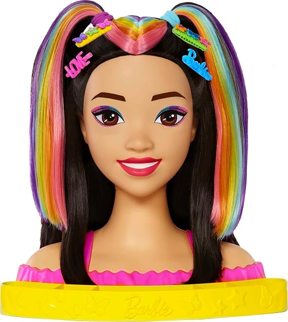 Barbie Totally Hair Styling Doll Head & 20+ Accessories, Color Reveal & Color-Change Pieces, Straight Black Neon Rainbow Hair