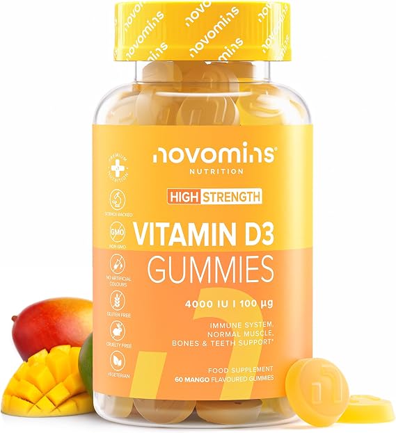 Vitamin D3 Gummies | 4000 IU | Vitamin D for Bones & Teeth | Novomins | Vegetarian & Gluten Free Vitamin D Gummies | Alternative to Vitamin D Spray & Tablets | 60 Gummies