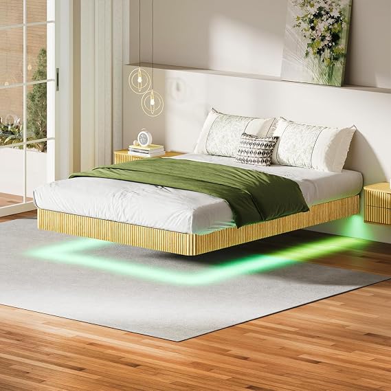 Queen Size Floating Bed Frame with Smart LED Lights, Metal Platform Bed Frame with Heavy Duty Metal Slats, Wave Curve Wood Texture Bed, Easy to Assemble and No Box Spring Needed (Oak,Queen)