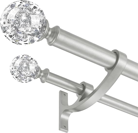 Silver Double Curtain Rod 36 to 72 Inch,Double Decorative Crystal Drapery Rods with Solid Aluminum Bracket Acrylic Sheer Bling Foil Finials,1" Front and 5/8" Back Heavy Duty Curtain Rods for Windows