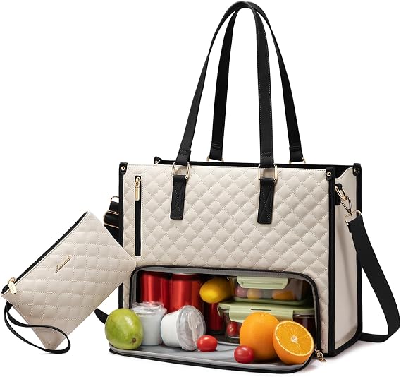 LOVEVOOK Lunch Tote Bag for Women, 17.3 Inch Laptop Bag with Insulated Lunch Compartment, Quilted Large Capacity Computer Handbag with Purse for Business, Work, Nurse, Office, Collage, Casual