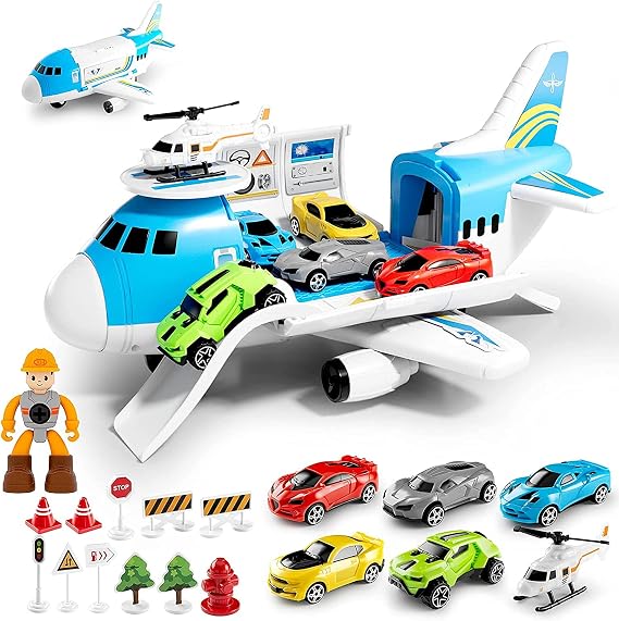 LOVE LIFE Airplane Toy Set Transport Cargo Plane Play Toy Gift for 3 4 5 6 Years Old Boys Girls Kids,Aircraft Vehicle Toys with 5 Mini Cars,Helicopter and Construction Worker