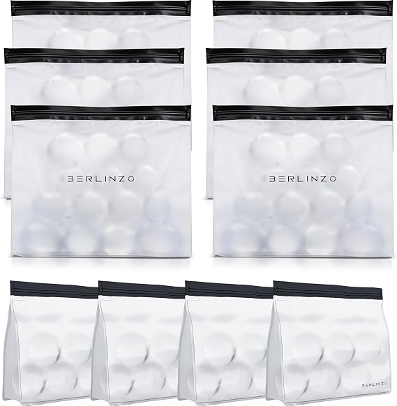 BERLINZO Large Reusable Ice Storage Bag 6 Pcs XL & 4 Pcs Regular - Freezer Safe, Leak Proof Silicone & Plastic - Lunch Bag for Ice & Food Storage - BPA-Free XL Size (Set of 10)