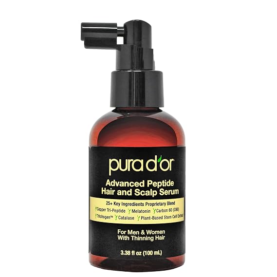 PURA D'OR Advanced Hair & Scalp Serum For Hair Thinning with Copper Tri-Peptide, Caffeine, Botanical Extract Blend, Fuller Appearance Strands Vegan, Men & Women 3.3 Oz Ayurvedic Hair Care
