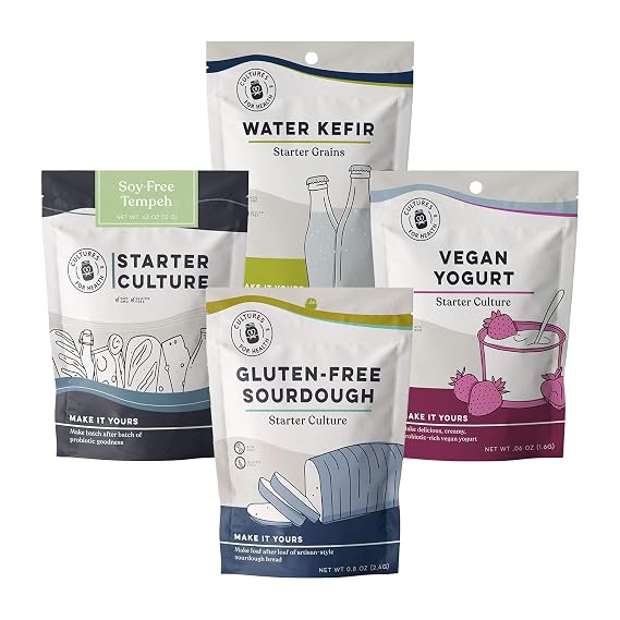Cultures for Health "Worry Free" Bundle | Starters for Gluten Free Sourdough, Vegan Yogurt, Water Kefir, Soy Free Tempeh | Alternatives for Dietary Needs | DIY Gift Set for Healthy Lifestyle