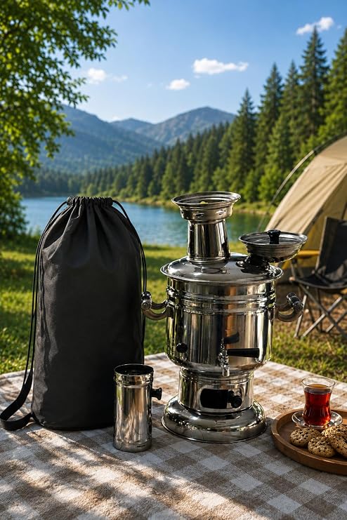 Paslanmaz Çelik Krom Semaver 4.5 Litre - Çantalı - Kömür & Odun Semaveri | Paslanmaz Çelik