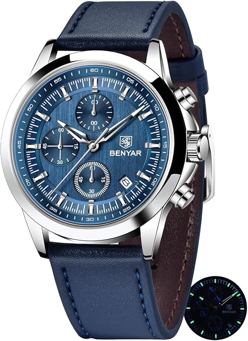 BENYAR Mens Watches Analog Quartz Chronograph Waterproof Wrist Watches for Men Luminous Fashion Business Casual Sport Elegant Dress Watch with Calendar Stainless Steel/Leather Strap