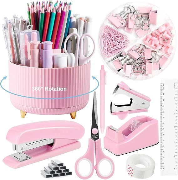 10pcs Office Clerks Staff Desk Accessories, Pink Office Supplies Set for Women, Desk Organizer with Stapler, Staple Remover, Tape Dispenser, Tape, 360 Pen Holder, Scissor, Ruler, Ballpoint Pen, Clips