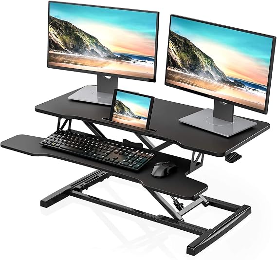 FITUEYES Height Adjustable Desk Attachment Office Seat Standing Computer Desk 92 x 40 cm Standing Desk with Keyboard Tray Suitable for Two Monitors Black SD309101WB