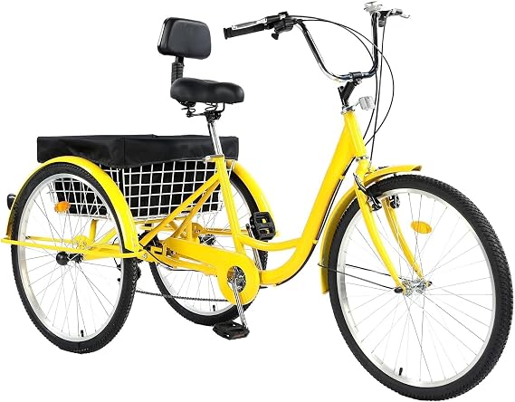 7 Speed 3 Wheel Adult Tricycle, 24 inch 3 Wheeled Bike for Seniors, Women, Men, Cruise Trike Bike with Shopping Basket and Lock, Adjustable Seat, Multiple Colors (Yellow, 24 inch)
