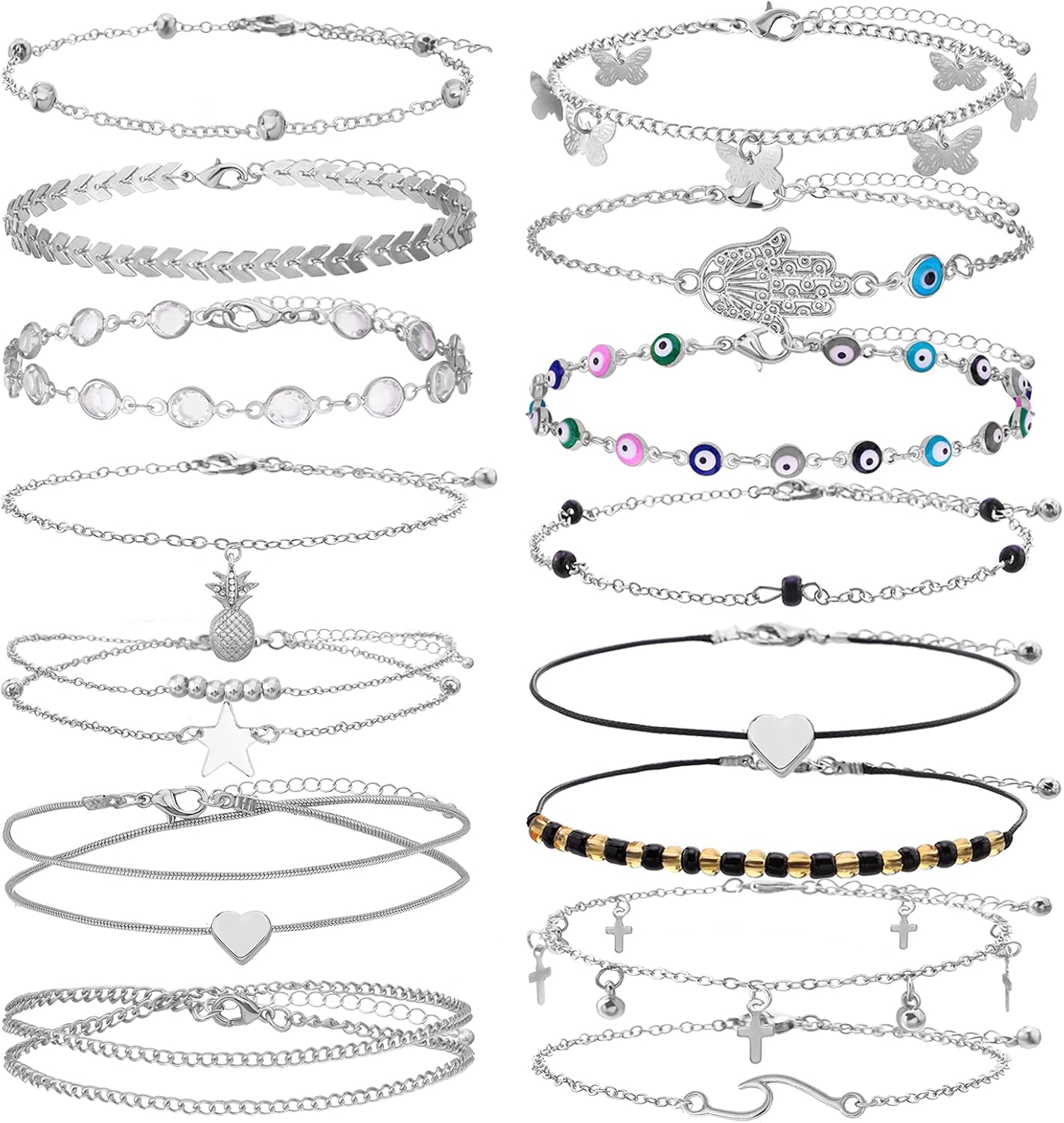 Biokia Gold Anklets for Women Butterfly Evil Eye Anklet Bracelet for Women Gold Plated Boho Layered Beach Anklet Foot Jewelry 15 Pcs
