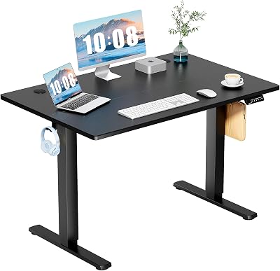 DUMOS, Electric Height Ergonomic Adjustable Memory Preset, Computer Stand Up Desk with T-Shaped Bracket Suitable for Home Office, 48 x 24 Inches, Black