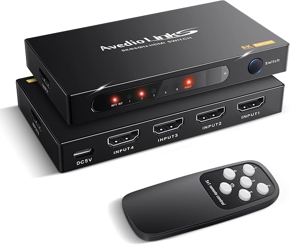 avedio links 8K@60Hz/4K@120Hz HDMI2.1 Switch with Remote 5x1, 5 in 1 Out HDMI Splitter with Remote, Auto Switch HDMI Selector Box Support, HDCP2.3, HDR, 3D, for PS5, Xbox, Fire Stick, Blu-ray, HDTV