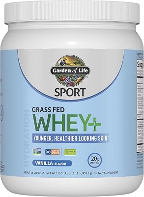Garden of Life SPORT Whey Protein Powder Vanilla Flavor 20g Plus Marine Collagen Peptides & MSM for Women and Men, Optimum Amino Energy, Younger, Healthier Looking Skin - Grass Fed, About 15 Servings