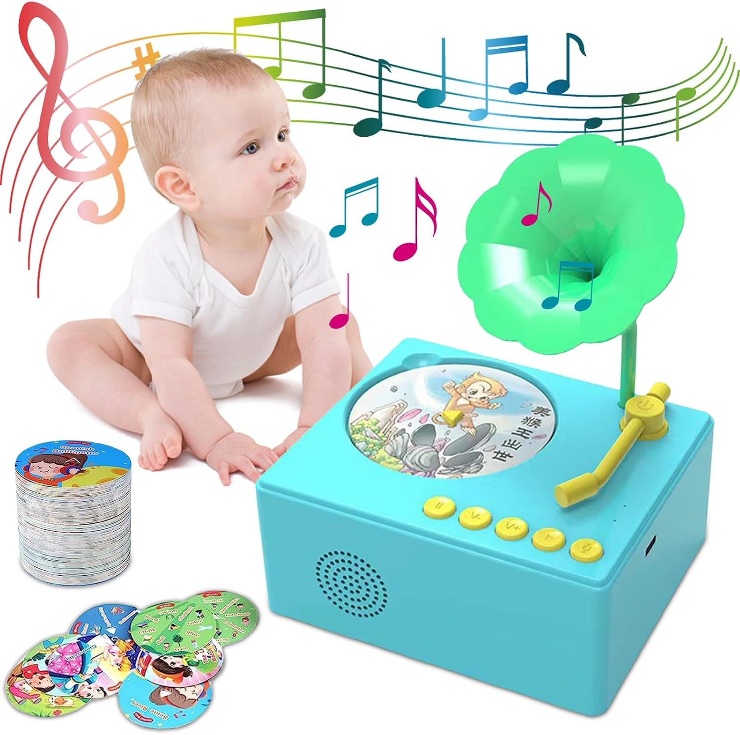 Kids Gramophone with 96 Cards, Childrens Phonograph Story Music Player, Interactive Childrens Record Player Toy, Funny and Early Childhood Education Phonograph Gift Birthday 3-6 Years Old Blue