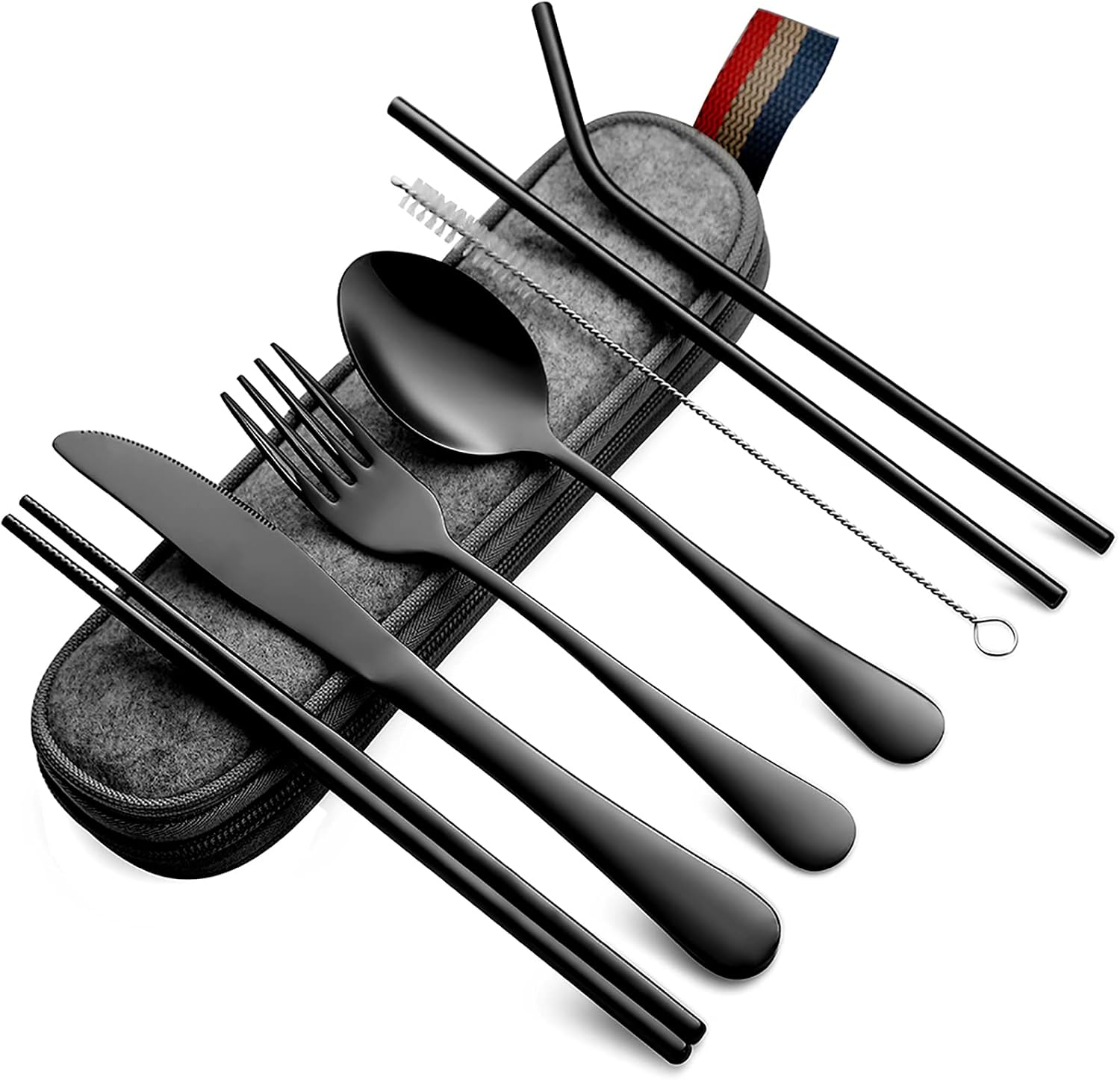 DEVICO Camping Cutlery, Travel Cutlery Set with Case, Portable Stainless Steel Camping Utensils Include Knife Fork Spoon Chopsticks Straws Brush Black