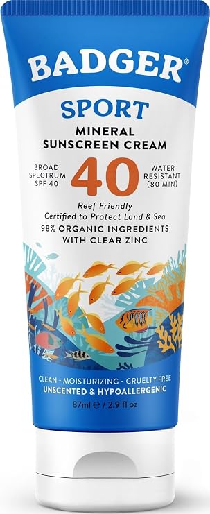Badger Sport Mineral Sunscreen SPF 40, Zinc Oxide, Reef Safe, 2.9 fl oz