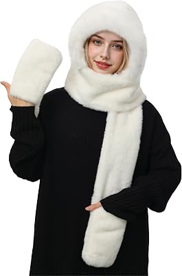 Passionbility Winter Scarf for Women - 3 in 1 Faux Fur Hooded Scarf Hat Gloves Set, Womens Hoodie Hat Long scarf Gloves