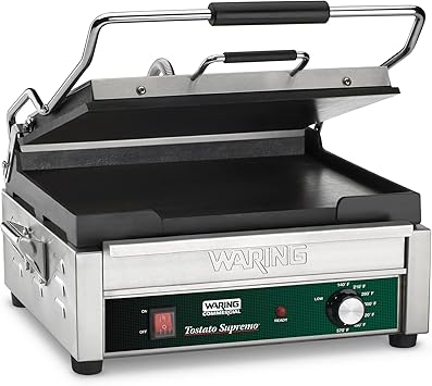 Waring Commercial Panini Press, Flat Cast Iron Plates, 14.5" x 11" Cooking Surface, 570F Adjustable Thermostat, for Sandwiches up to 3" Thick, Professional Kitchen Grill, 120V, WFG250