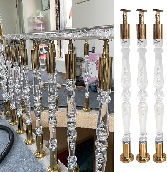 Stylish Acrylic Stair Balusters with Clear Bubble, Indoor Outdoor Decorative Handrail Spindle, Staircase Spindles Bundles, Gold Stainless Steel Hardware(3pcs,80cm(31 1/2"))
