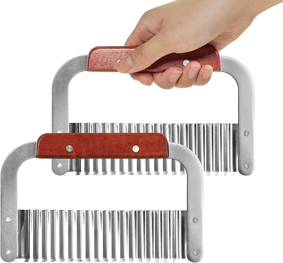 2 Pack Crinkle Cutter for Veggies - Stainless Steel Wavy Potato Chopper Knife w/Wooden Handle - Crinkle Sweet Potato French Fries Slicer Cut Tool for Chopping Carrots, Cucumber, Soap Cutting