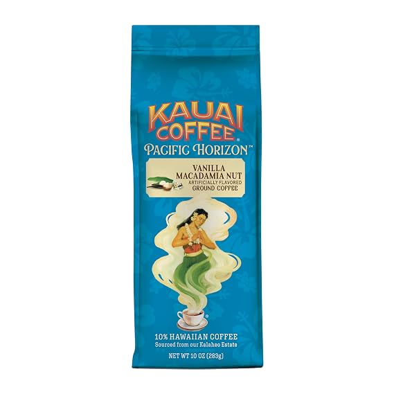 Kauai Hawaiian Ground Coffee, Vanilla Macadamia Nut Flavor (10 oz Bag) - 10% Hawaiian Coffee from Hawaii's Largest Coffee Grower - Bold, Rich Blend, 10 oz