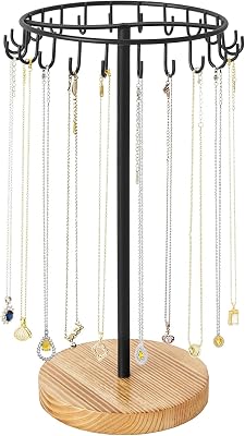 Mkono Necklace Holder Metal Jewelry Display Stand Necklace Organizer with 22 Hooks for Storage and Hanging Bracelet Keychain Home Room Decor for Women,Wood