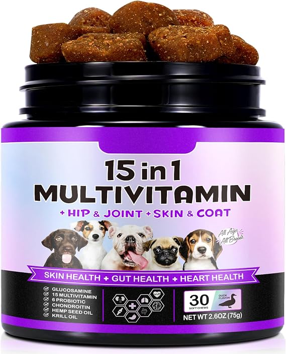Dog Multivitamin Chewable, Dog Daily Vitamins and Supplements,15-in-1 Complete Daily Supplement with Glucosamine & Probiotics Duck Flavor, 150 Chews