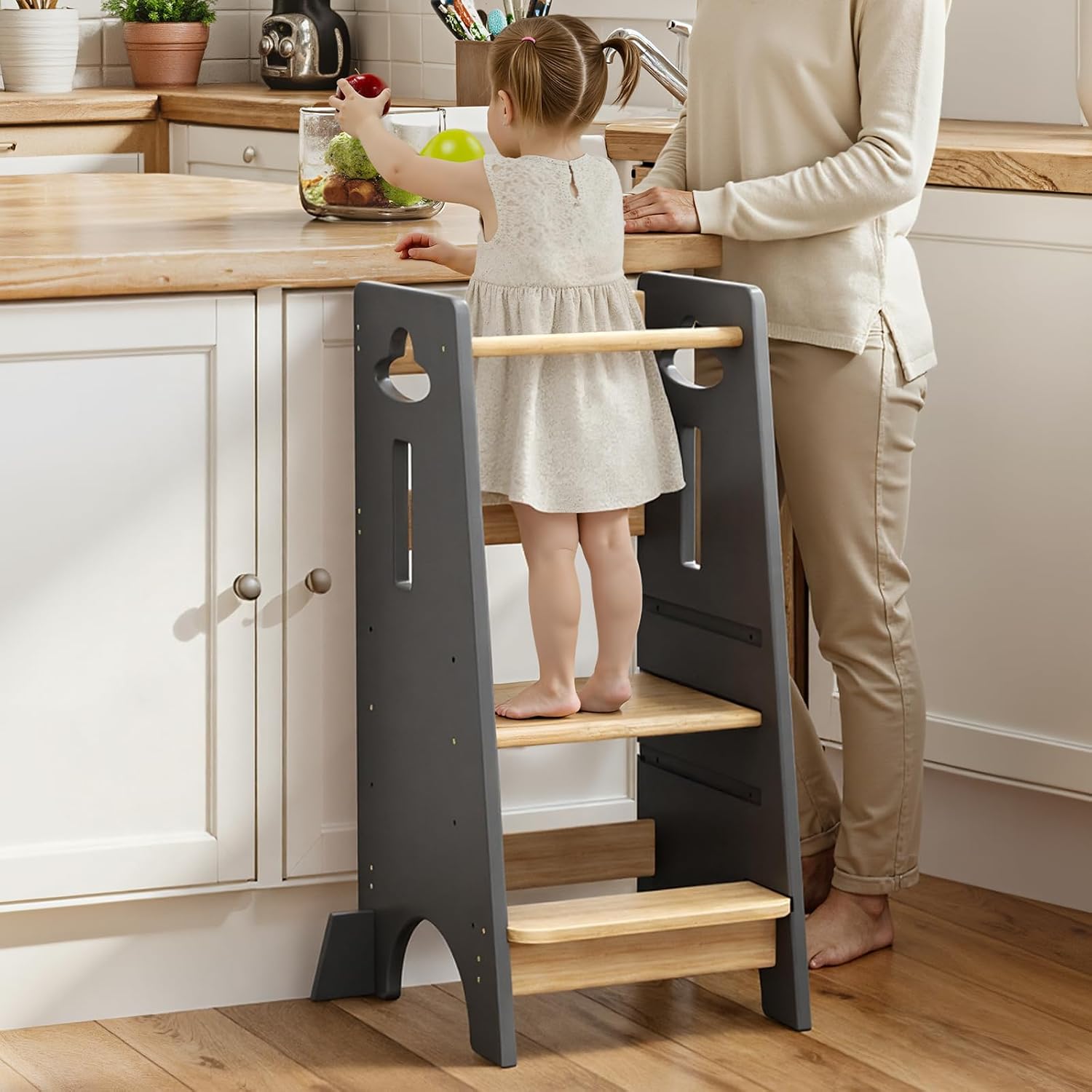 COSYLAND Toddler Standing Tower Height Adjustable - Toddler Kitchen Stool Helper Super Stable - Wooden Kids Learning Stool for Kitchen Toliet Light Grey & Natural,Large