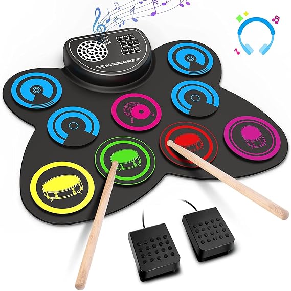 Electric Drum Set, 9 Drum Practice Pad, Roll-up Electronic Drum Pad with Headphone Jack Built-in Speaker Drum Sticks Foot Pedals, Gift for Kids