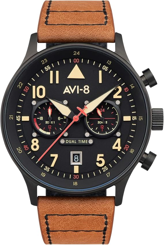 AVI-8 Men's 43.5mm Hawker Hurricane Carey Dual Time Night Reaper Limited Edition Watch with Leather Strap AV-4088