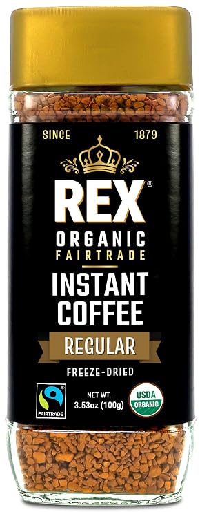 REX COFFEE Organic Fairtrade Instant Coffee, 3.53 oz Glass Jar | Freeze-dried Arabica, medium roast, mold, mycotoxin, heavy metal & acrylamide tested
