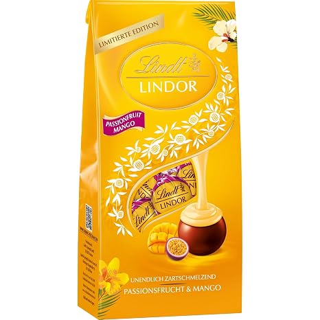 Lindt Schokolade LINDOR Beutel Passionsfrucht und Mango 137g 10 Kugeln in Vollmilch-Schokolade mit fruchtiger Füllung Schokoladen-Geschenk