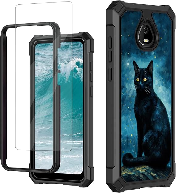 for Schok Volt Phone Case (SV67Q SV67332) with Tempered Glass Screen Protector Dual Layer Soft TPU Hard PC Bumper Full Body Heavy Duty Shockproof Protective Cover for Women Men,Black Cat Galaxy