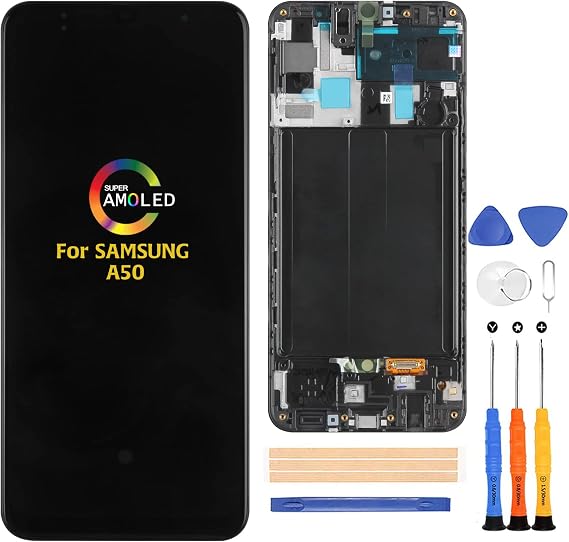 A-MIND (OLED with Frame) for Samsung Galaxy A50 A505 LCD Touch Screen Replacement Display A505F A505G A505W A505X A505U A505GT A505N Digitizer Full Assembly Repair Kits,with Tools