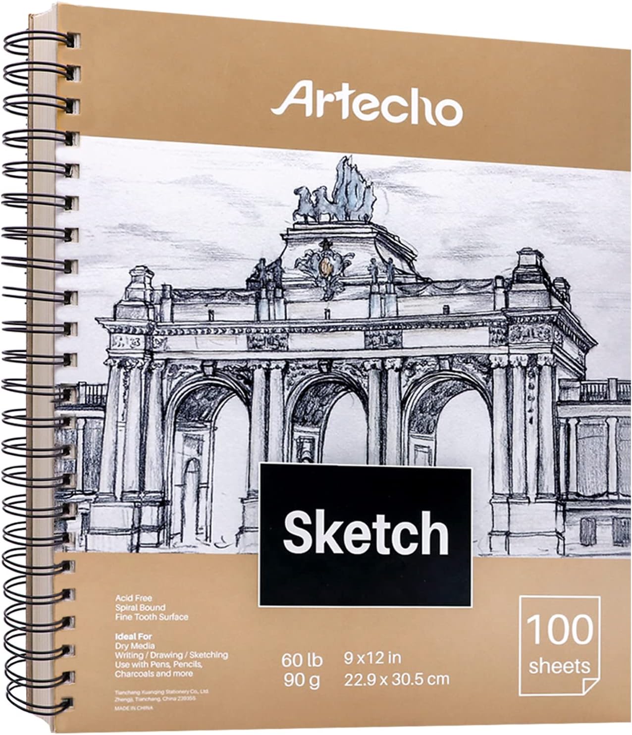 Artecho 9x12 Sketch Book, 100 Sheets 60 lb90gsm, Spiral Bound, Art Supplies Sketch Pad, Durable Acid Free Drawing Paper, Natural White