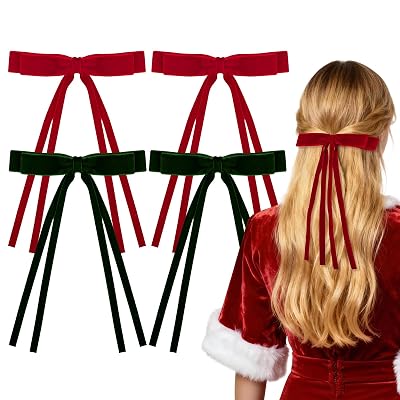 4 Pcs Velvet Bow Hair Clips, Hair Accessories for Women Girls, Red Green Christmas Bow Barrette, Gift for Women Girls