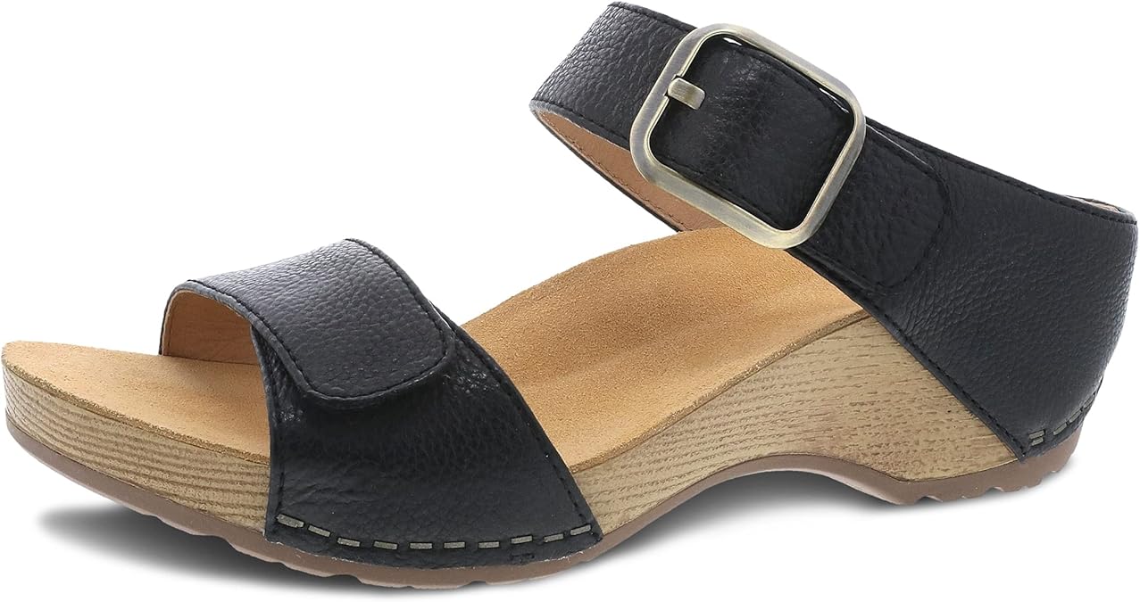 Dansko Tanya Slip-On Wedge Sandal for Women Cushioned, Contoured Footbed for All-Day Comfort and Support Hook & Loop Strap with Buckle Detail Lightweight Rubber Outsole