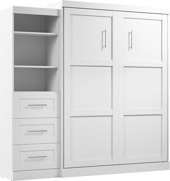 Bestar Queen Murphy Bed & Shelving Unit with Drawers, White, Pur, 90W