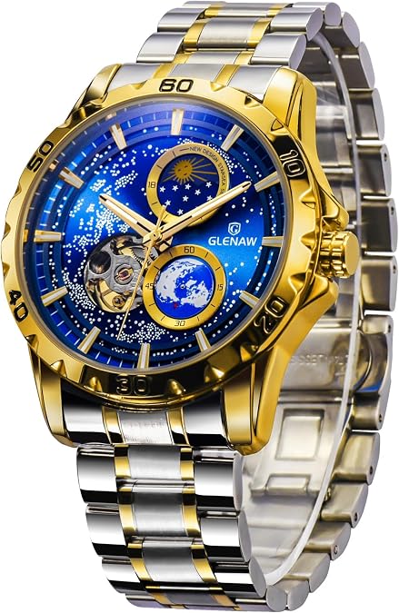 Automatic Watches for Men, Rotating Earth Multifunctional Men's Mechanical Watch Starry Sky Dial Steel Band Stopwatch Sun Moon Stars Automatic Men's Watch (8950-Gold Blue1)
