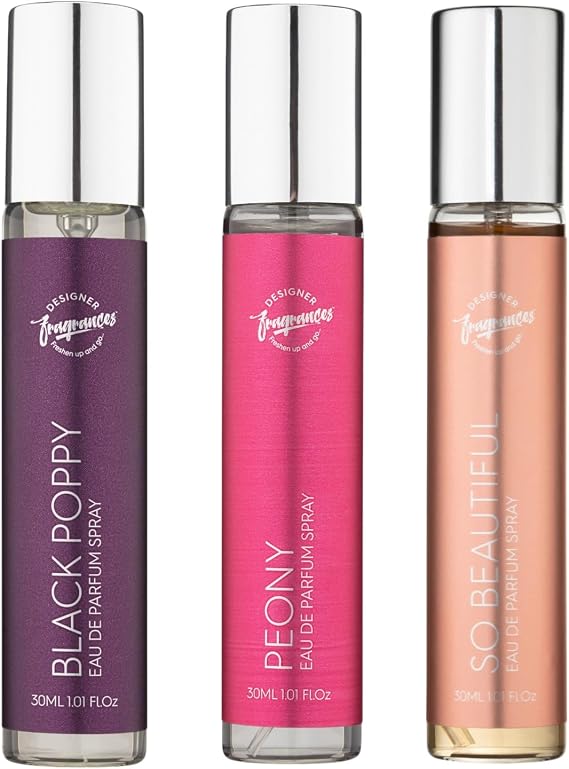 Designer Fragrances Assorted Bundle Spray Set 3 x 30ml – Black Poppy, Peony & So Beautiful – Long Lasting Floral & Sweet Perfume Sprays