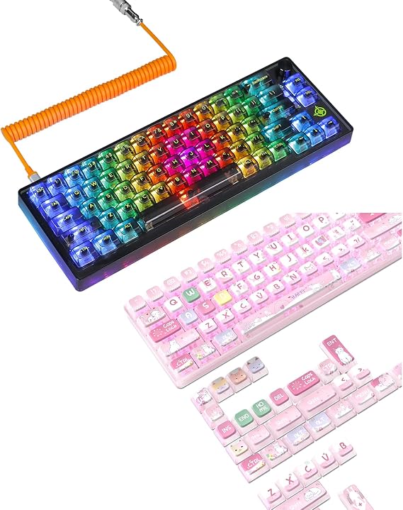 ZIYOU LANG 65% Hot-Swap Wired RGB Mechanical Gaming Keyboard Programmable with Transparent 66 Key and 120 Key Cute Cat Theme PBT Pudding Keycap Set ASA Profile