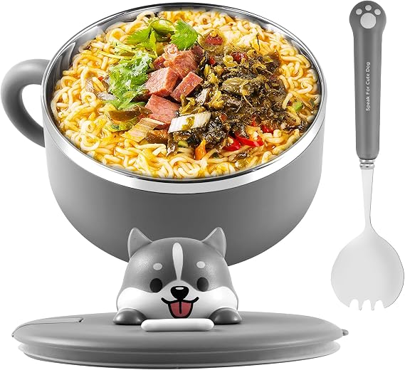 1200ml Ramen Bowls Stainless Steel Noodle Bowls with Lid and Spork Speedy Ramen Cooker Soup Bowl with Handles Heat Resistant Instant Serving Cooker Portable Salad Pasta Bowl for Office College Dorm