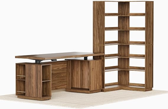 Home Office Furniture Set, 70'' Standing Desk with 73'' Corner Bookshelf, Electric Height Adjustable Desk with File Cabinet, AC/USB, Wooden Corner Bookcase with Baffles, Black Walnut