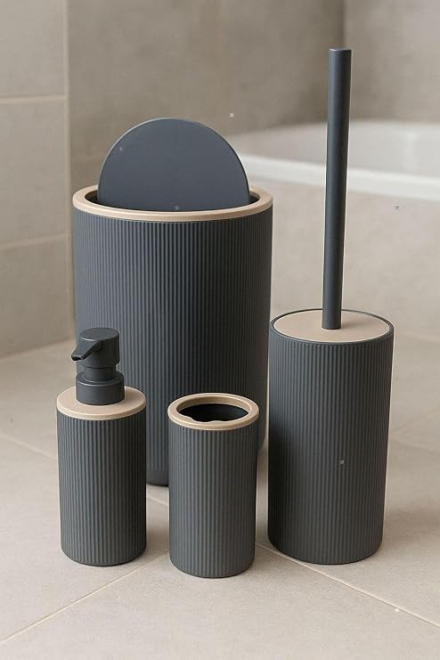 ARVALE Quardi Banyo Seti Modern Çizgili - 7 L Kova 4 Parça Banyo Çöp Kovası ve Aksesuar Seti
