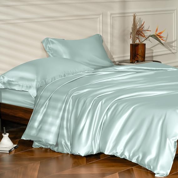 THXSILK 25 Momme Silk Duvet Cover Set 4PCS(1 Duvet Cover + 1 Fitted Sheet + 2 Pillow Shams),100% Mulberry Natural Silk Bedding Set (Light Blue, King)