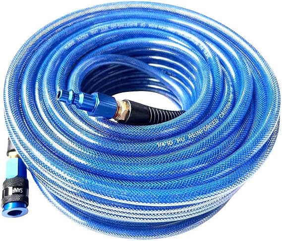 SANFU Polyurethane(PU) Reinforced 1/4ID(6.3 x 9.8mm) x 100ft, Air Hose With 1/4 Swivel MNPT Premium Aluminum Colored AMT Universal Coupler&Plug, Dark Blue(100)