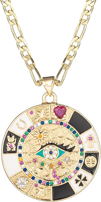 kelistom 14K Gold Plated Round Evil Eye Necklace for Women Men Boho Enamel Zircon Inlay ojo Hamsa Turkish Greek Evil Eye Pendant Necklaces| 3mm Figaro Chain Necklace